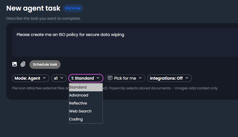 Agent task model selection