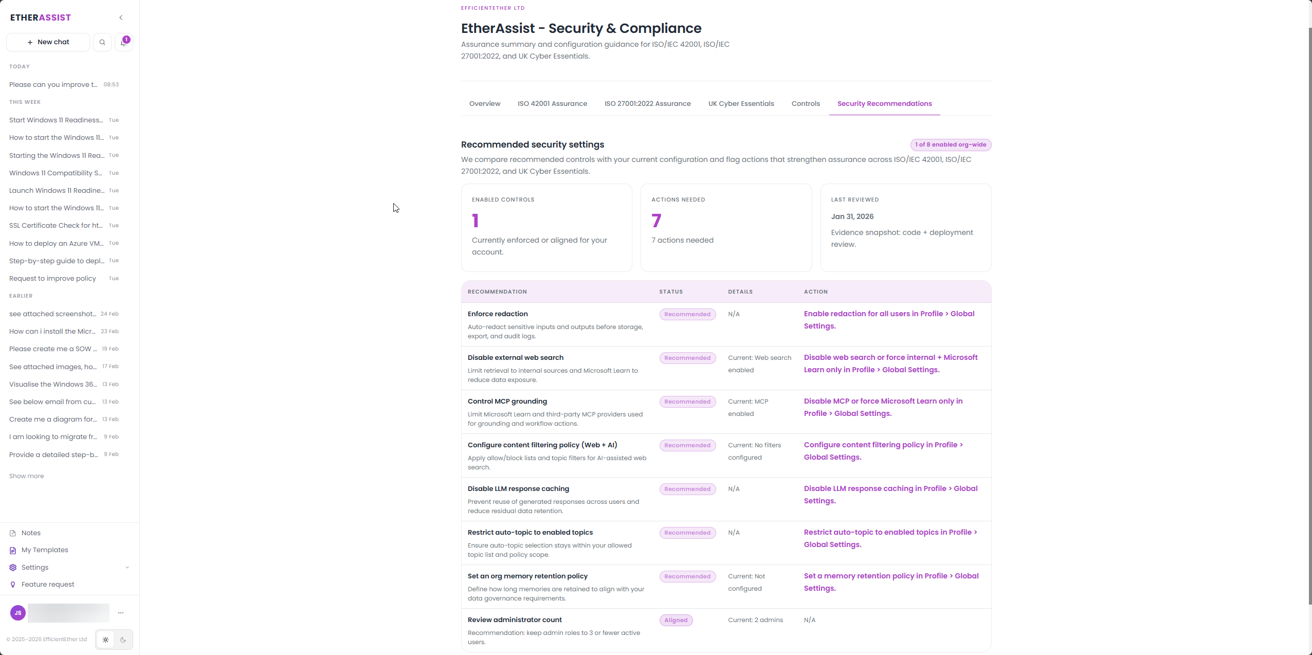 Recommended security settings