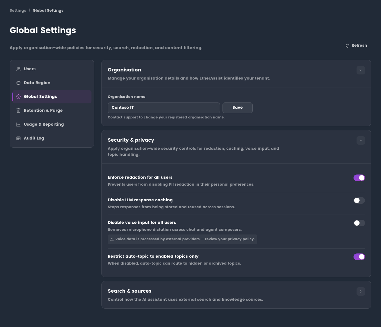 Global settings overview