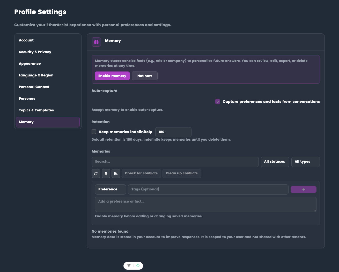 Settings memory screenshot