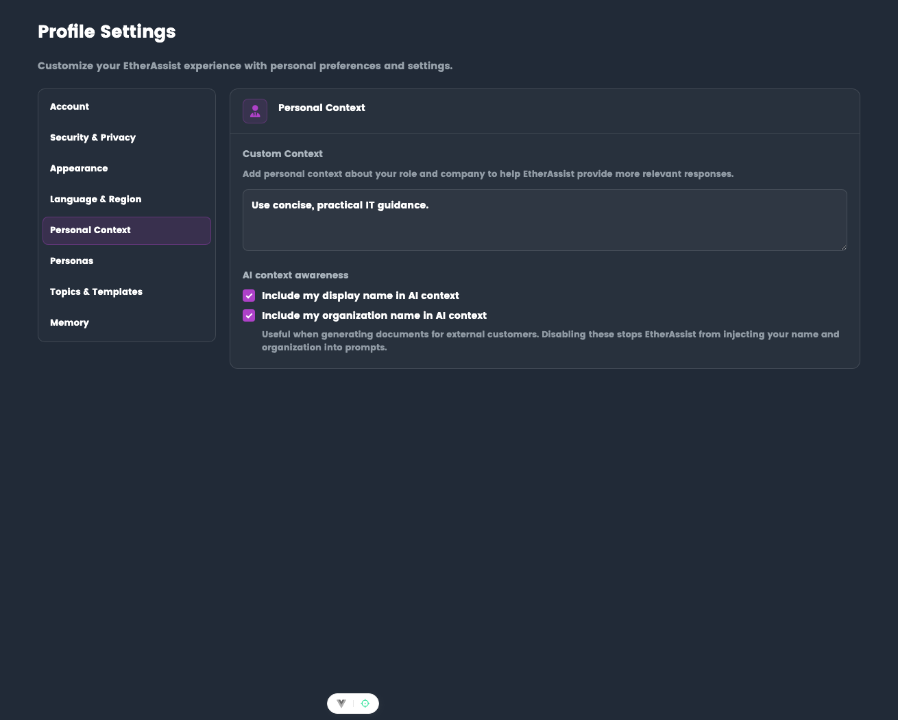 Personal Context settings