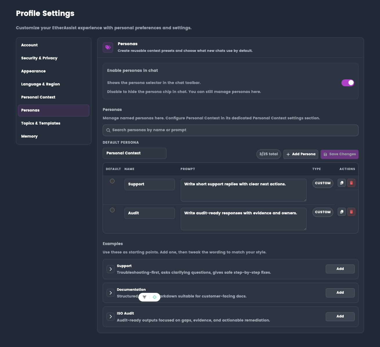 Personas settings